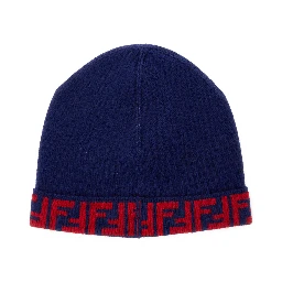 Blue Beanie with FF Brim in Wool and Cashmere Woman