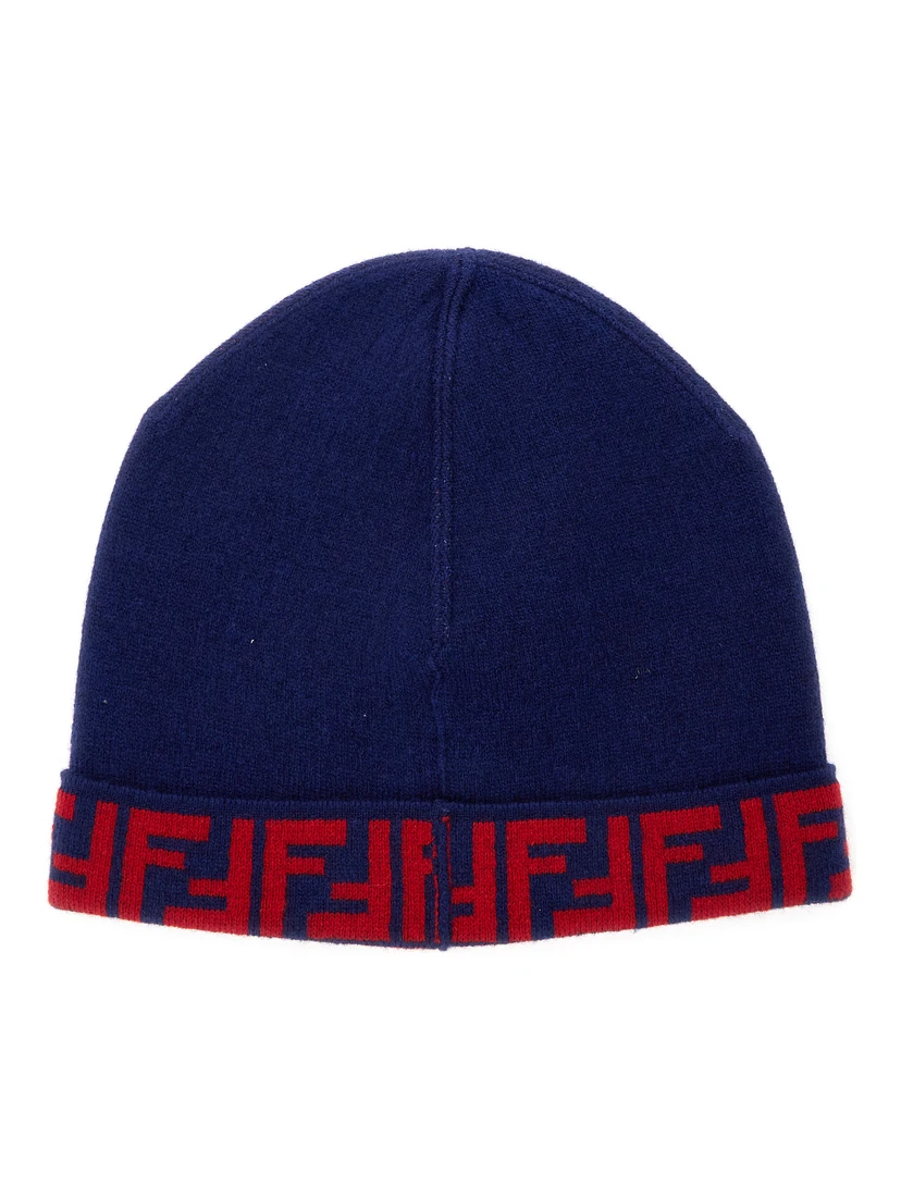 Blue Beanie with FF Brim in Wool and Cashmere Woman
