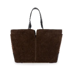 Brown Tote Bag with Two Top Handles and Metal Details on the Side in Leather Woman