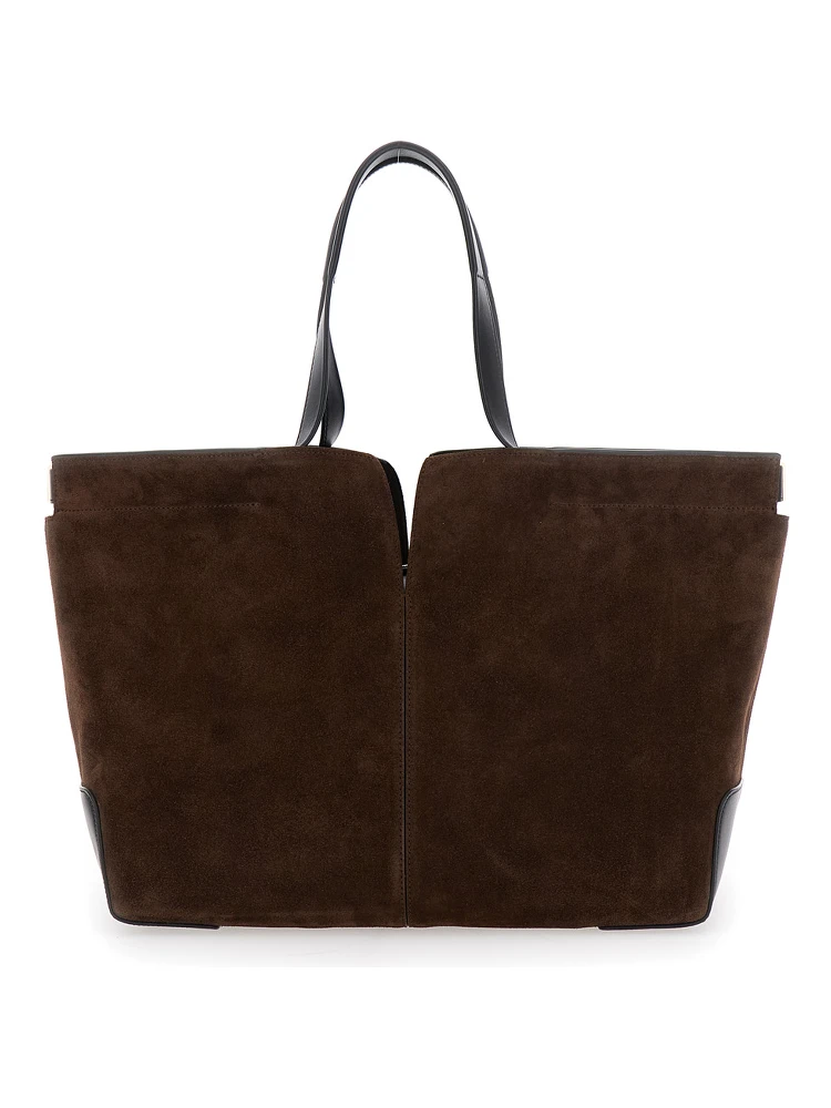 Brown Tote Bag with Two Top Handles and Metal Details on the Side in Leather Woman alternative