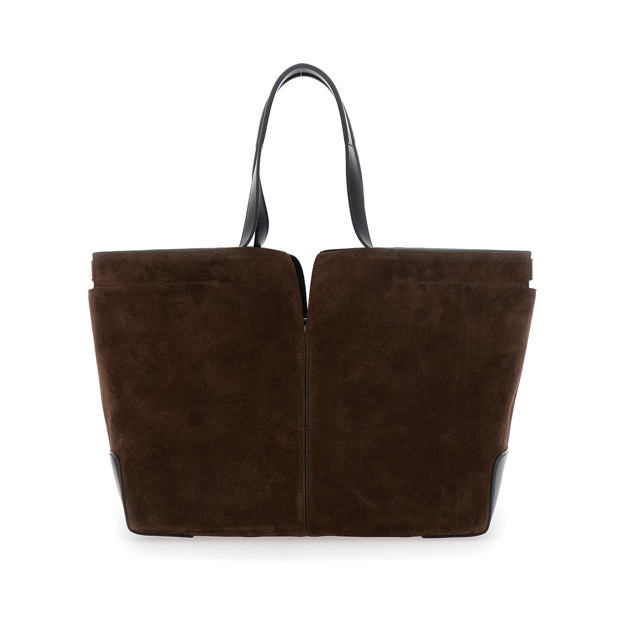 Brown Tote Bag with Two Top Handles and Metal Details on the Side in Leather Woman