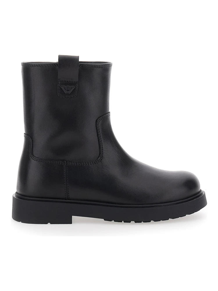 Black Boots with Logo Patch and Side Zip Closure in Leather Boy