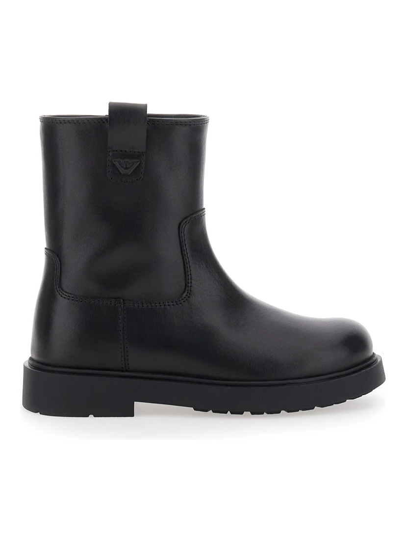 Black Boots with Logo Patch and Side Zip Closure in Leather Boy