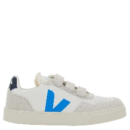 V-90 White Low Top Sneakers with Logo Patch on the Side and Contrasting Heel with Logo Lettering in Leather Boy