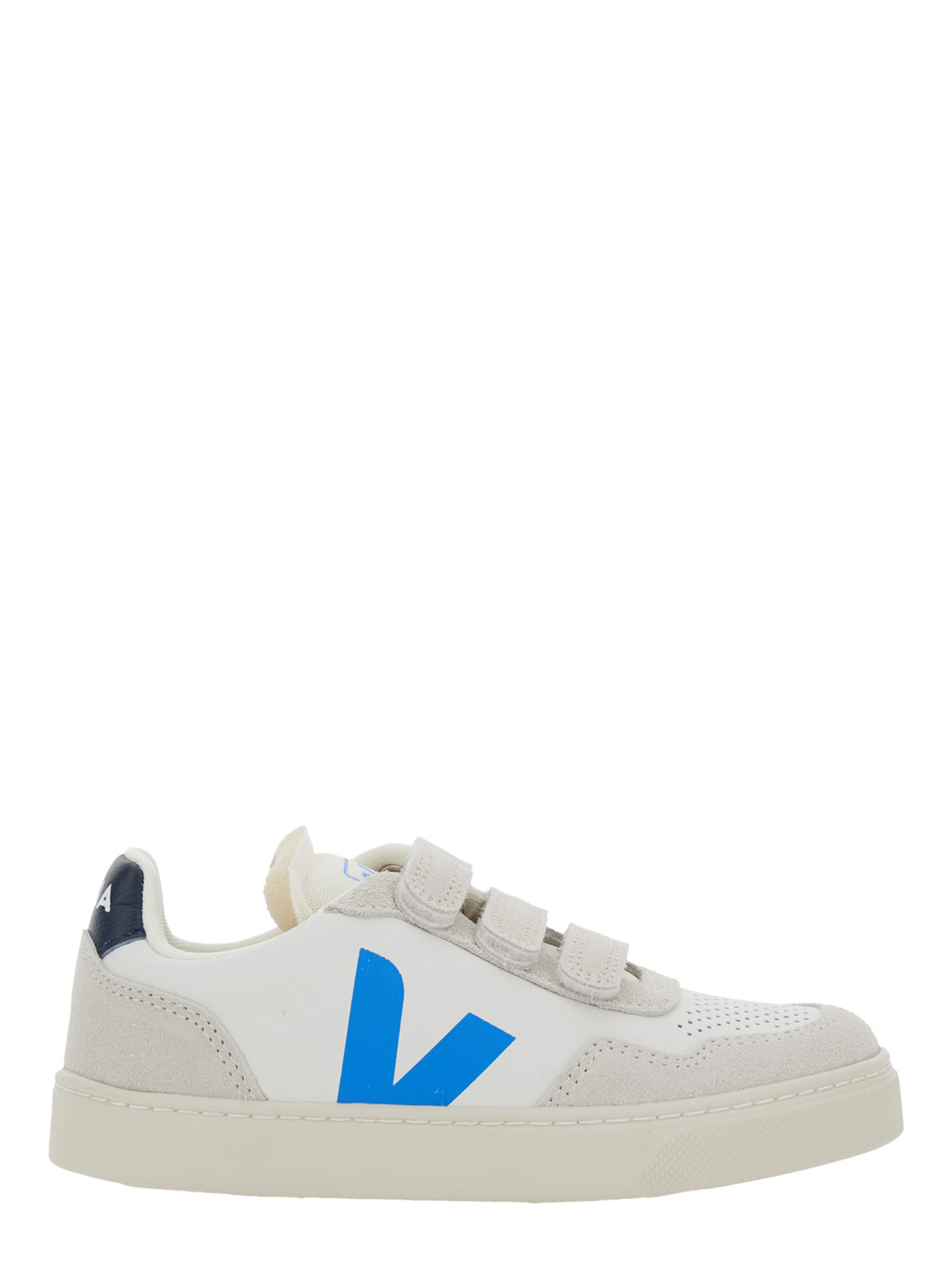 V-90 White Low Top Sneakers with Logo Patch on the Side and Contrasting Heel with Logo Lettering in Leather Boy