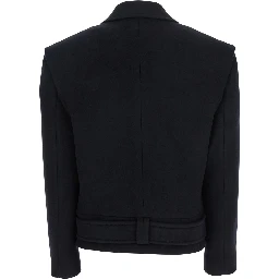 Black Jacket with Wide Lapels and Metallic Logo Buttons in Wool Woman