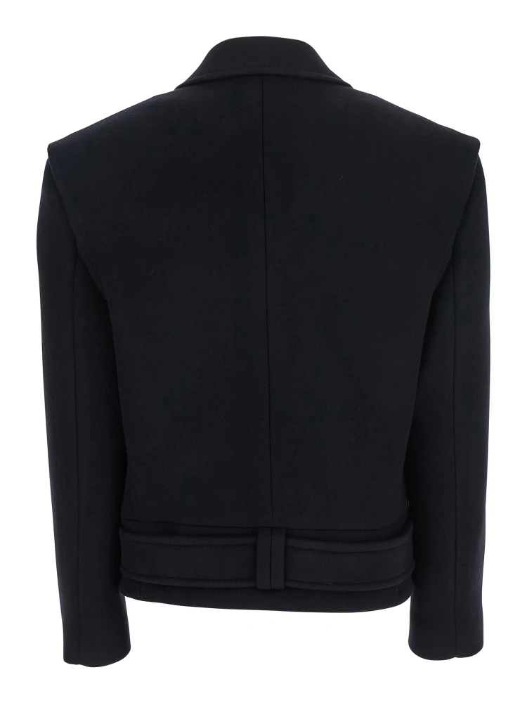 Black Jacket with Wide Lapels and Metallic Logo Buttons in Wool Woman alternative