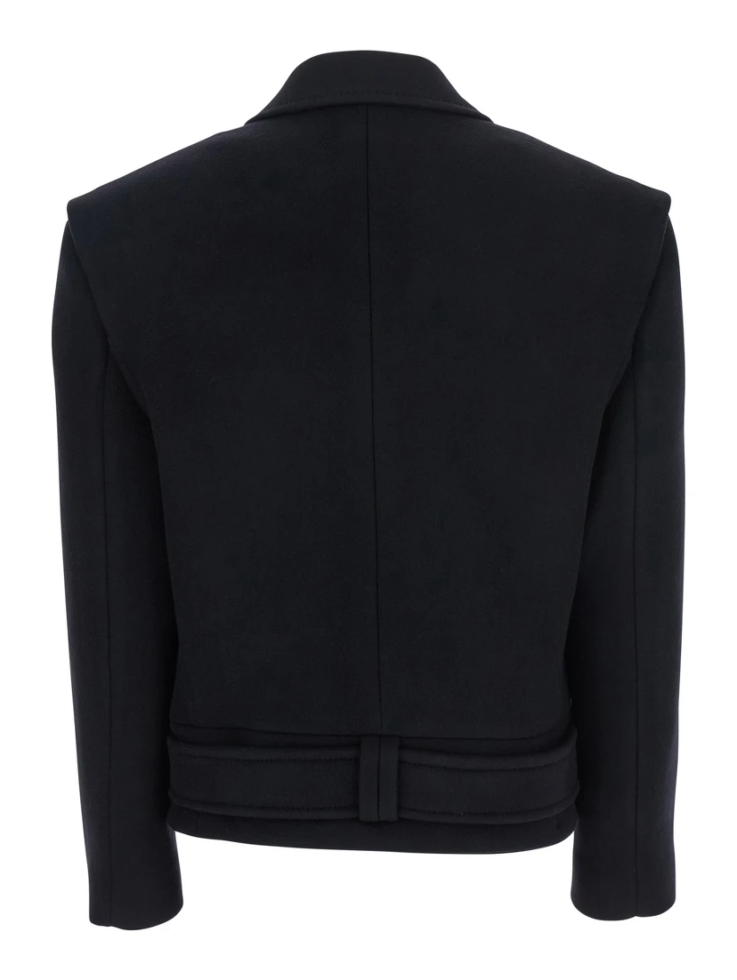 Black Jacket with Wide Lapels and Metallic Logo Buttons in Wool Woman