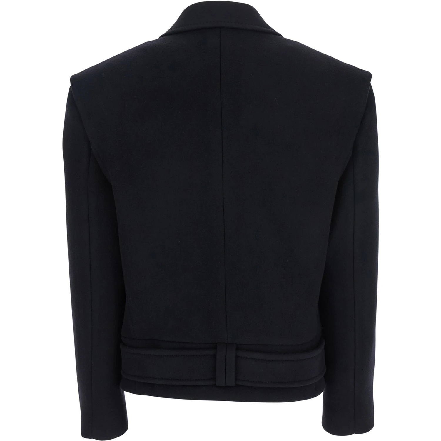 Black Jacket with Wide Lapels and Metallic Logo Buttons in Wool Woman