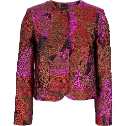 Fuchsia Collarless Jacket with All-Over Broccato Motif in Tech Fabric Woman