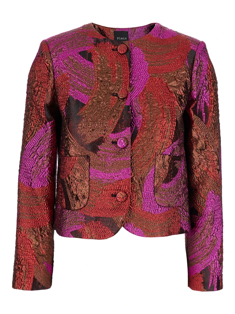 Fuchsia Collarless Jacket with All-Over Broccato Motif in Tech Fabric Woman