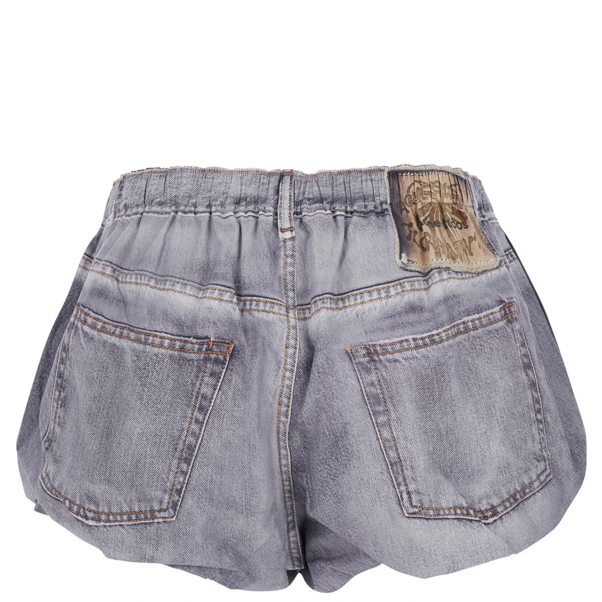 Grey Shorts with Elastic Waist and Logo Patch on the Rear in Denim Woman