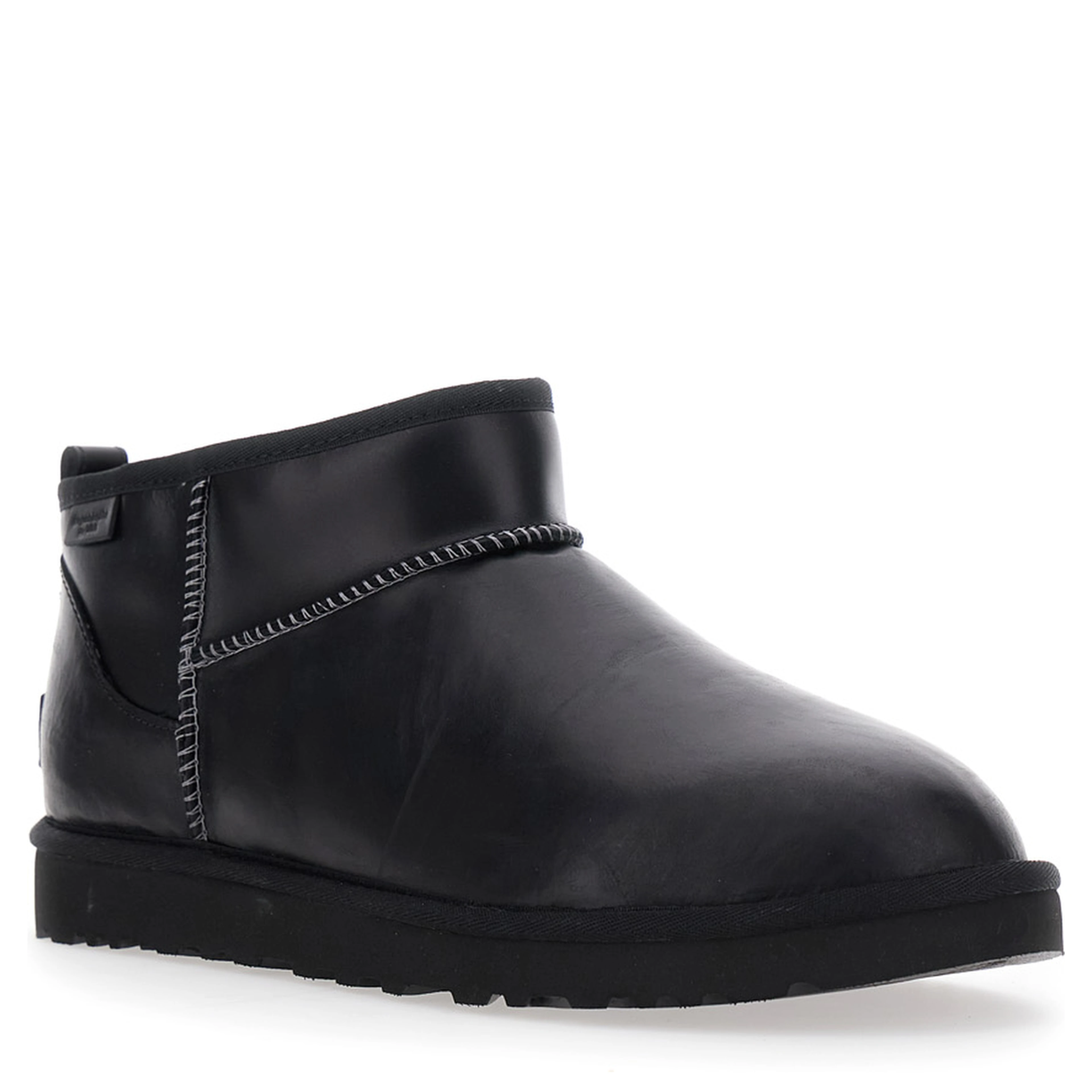 Ultra Mini Black Boots with Logo Patch on Back in Leather Man