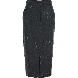 Grey Skirt with Front and Rear Slit and All-Over Striped Motif in Wool Blend Woman