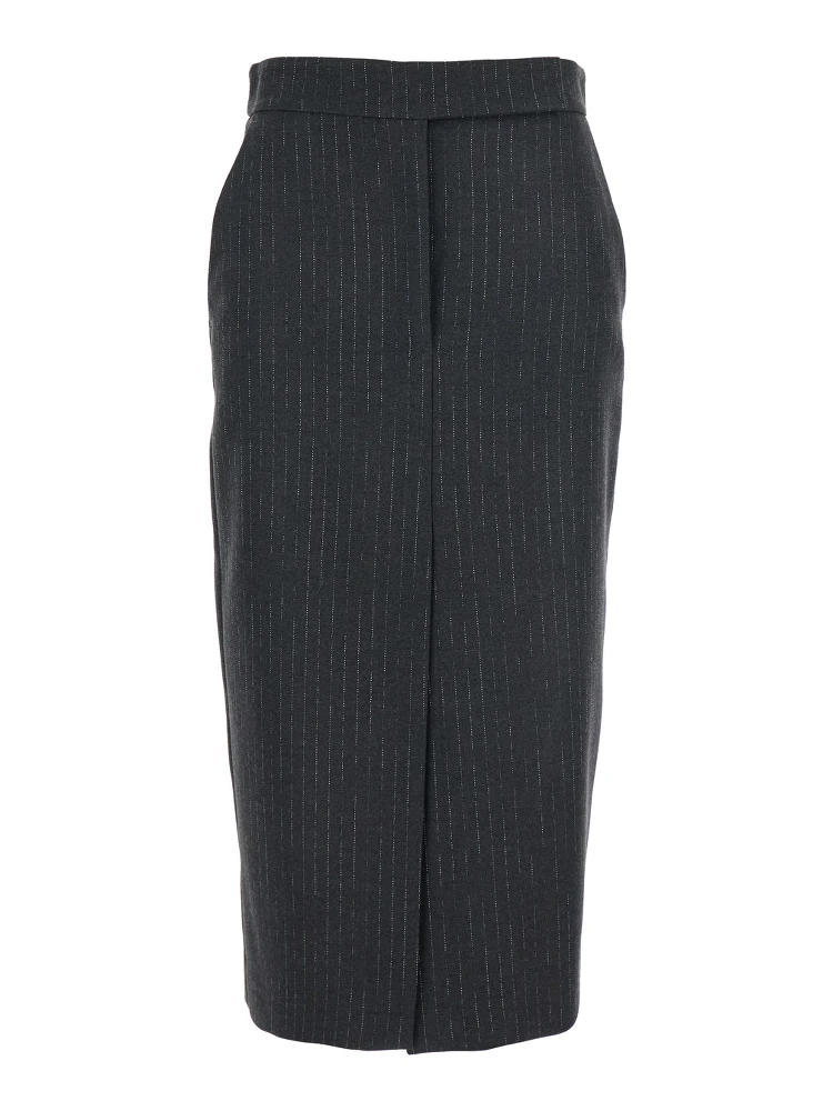 Grey Skirt with Front and Rear Slit and All-Over Striped Motif in Wool Blend Woman
