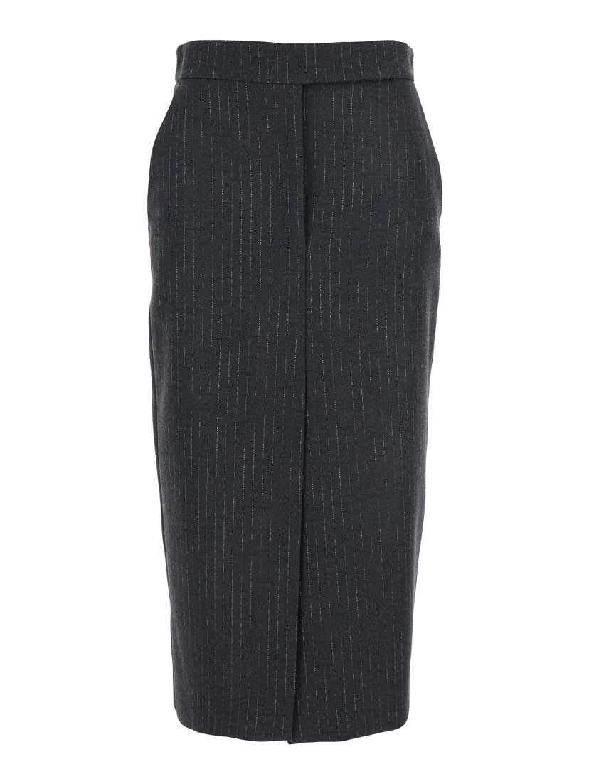 Grey Skirt with Front and Rear Slit and All-Over Striped Motif in Wool Blend Woman