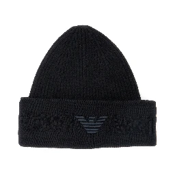 Black Beanie with Maxi Logo Embroidery on the Front in Wool Man