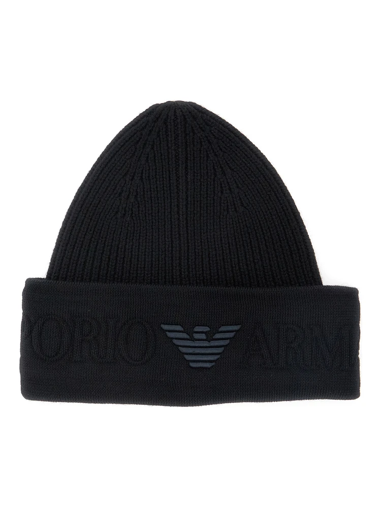 Black Beanie with Maxi Logo Embroidery on the Front in Wool Man