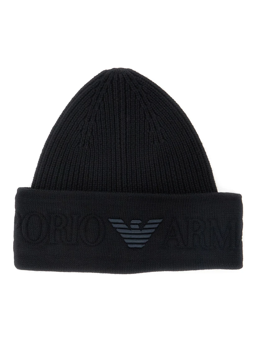 Black Beanie with Maxi Logo Embroidery on the Front in Wool Man