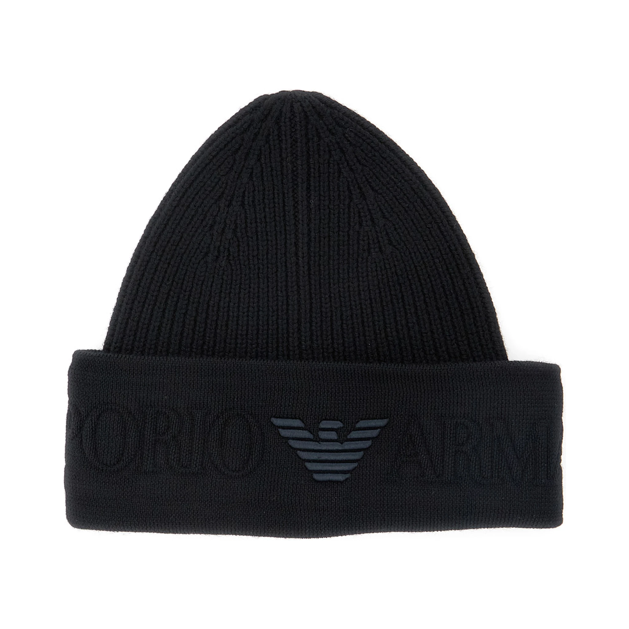 Black Beanie with Maxi Logo Embroidery on the Front in Wool Man