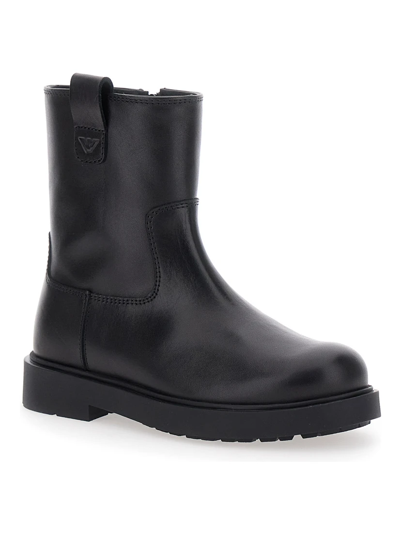 Black Boots with Logo Patch and Side Zip Closure in Leather Boy