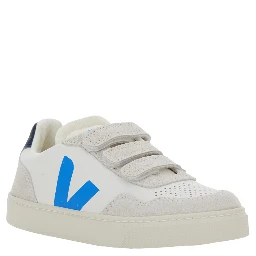 V-90 White Low Top Sneakers with Logo Patch on the Side and Contrasting Heel with Logo Lettering in Leather Boy