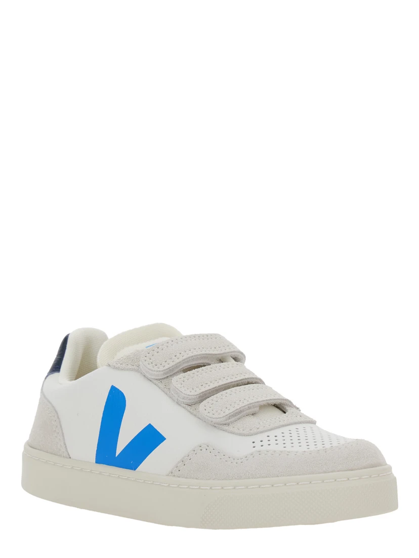 V-90 White Low Top Sneakers with Logo Patch on the Side and Contrasting Heel with Logo Lettering in Leather Boy