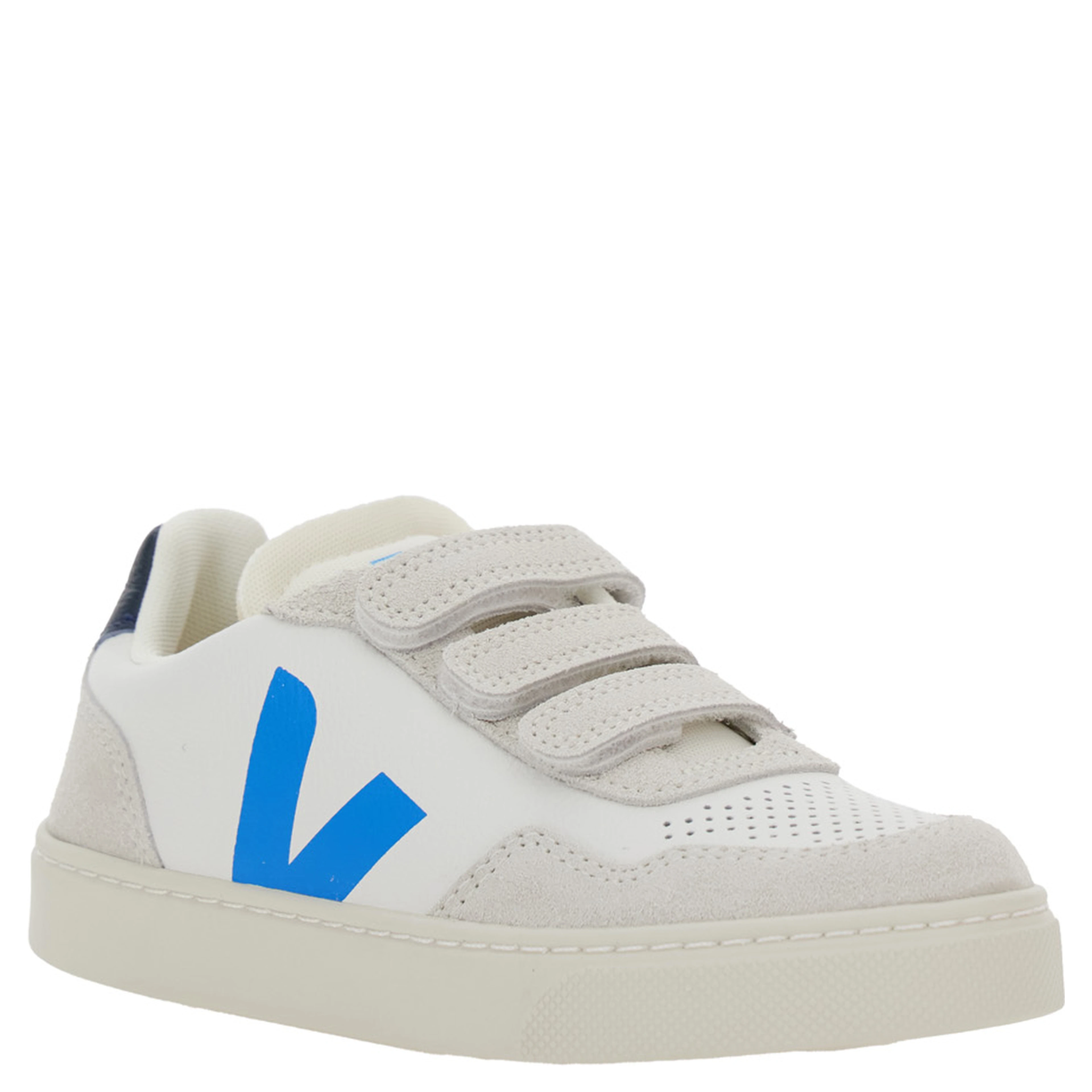V-90 White Low Top Sneakers with Logo Patch on the Side and Contrasting Heel with Logo Lettering in Leather Boy