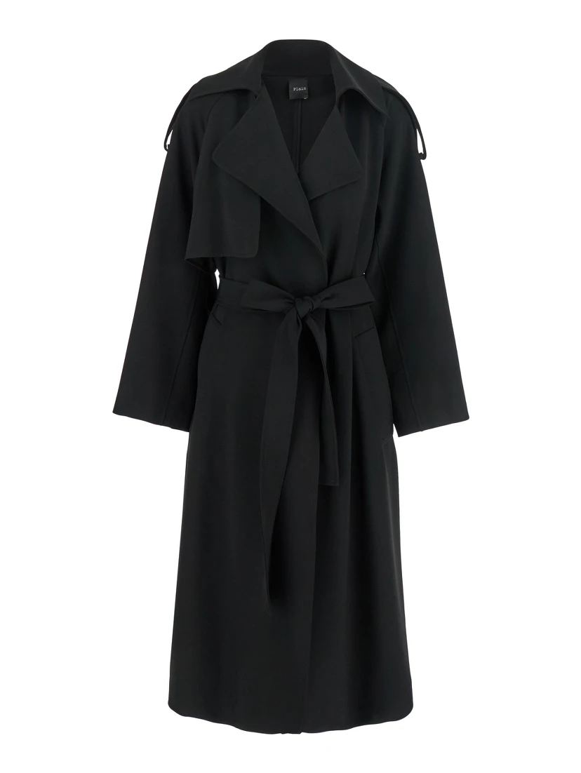 معطف ترنش أسود مزدوج الصدر مع حزام مطابق من قماش الكادي للنساء