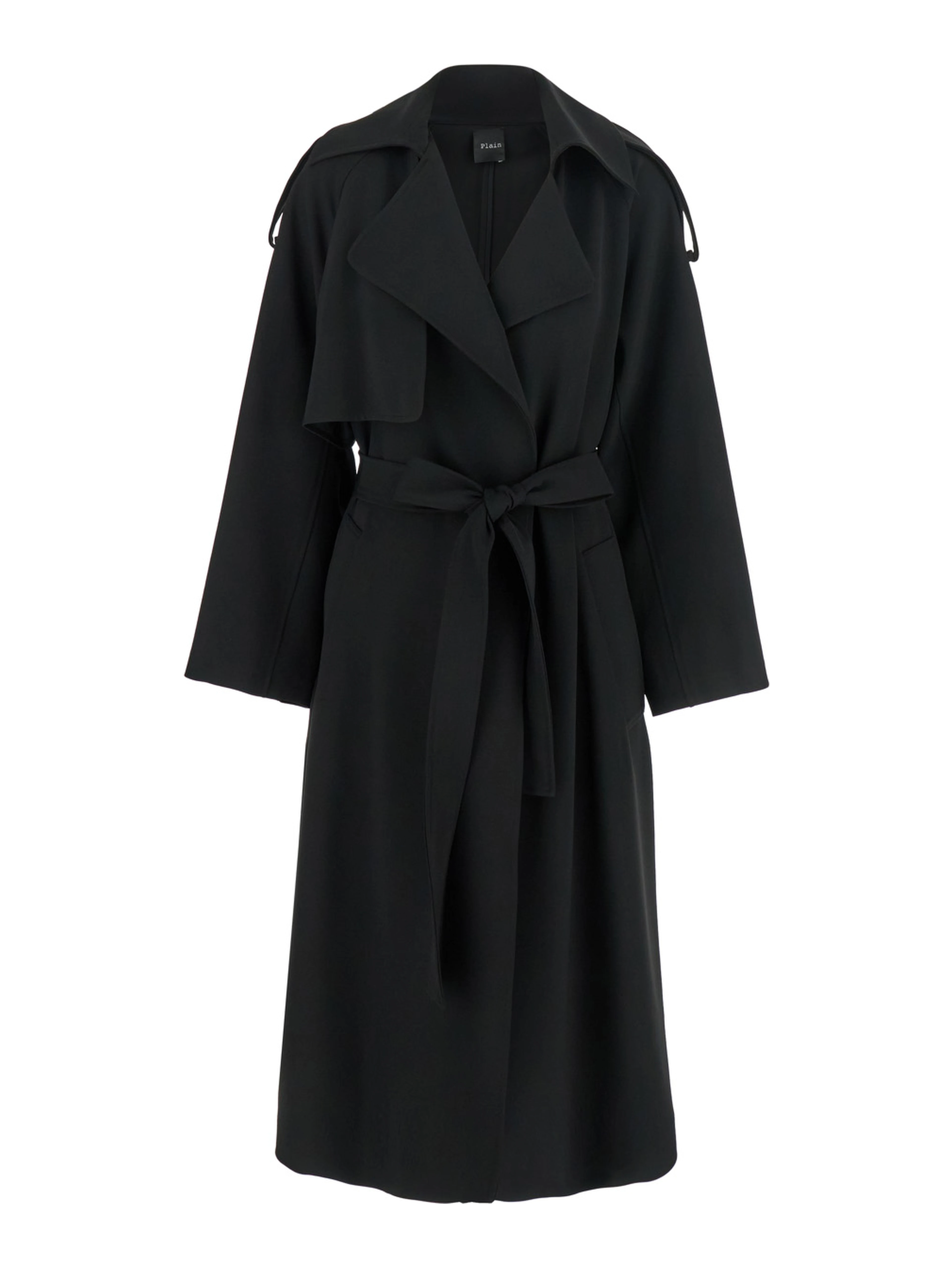 Black Double-Breasted Trench Coat with Matching Belt in Cady Woman