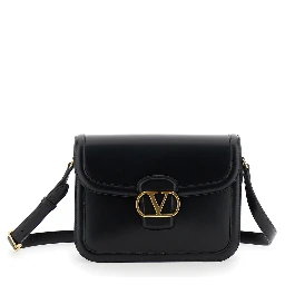 Black Shoulder Bag with VLogo Detail on the Front in Leather Man