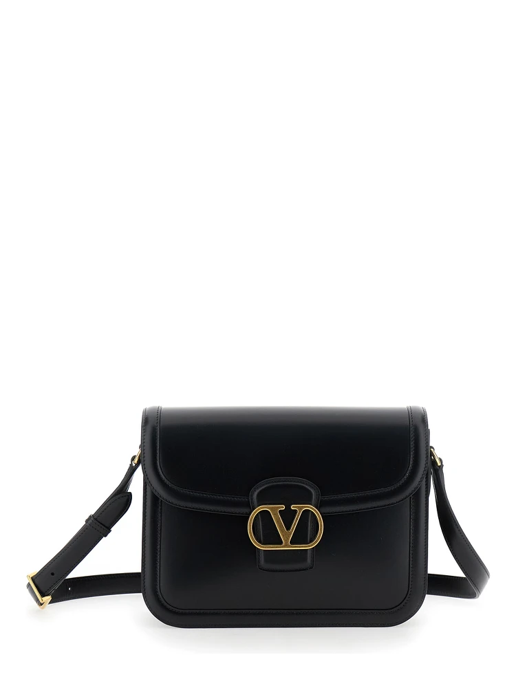 Black Shoulder Bag with VLogo Detail on the Front in Leather Man