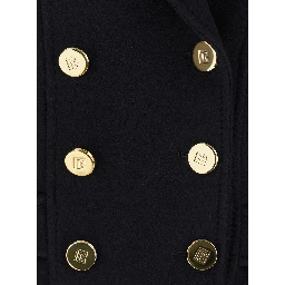 Black Jacket with Wide Lapels and Metallic Logo Buttons in Wool Woman