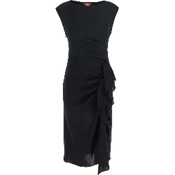 Aia Black Dress with Boat Neckline and Draped Detail on the Side in Tech Fabric Woman