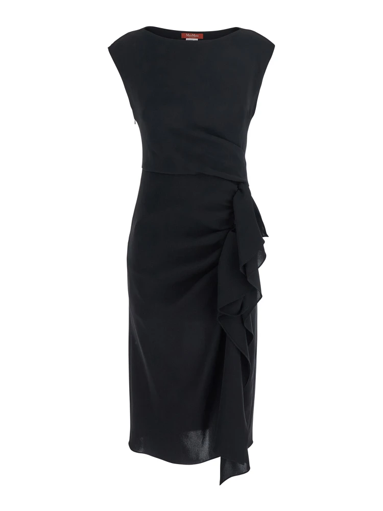 Aia Black Dress with Boat Neckline and Draped Detail on the Side in Tech Fabric Woman