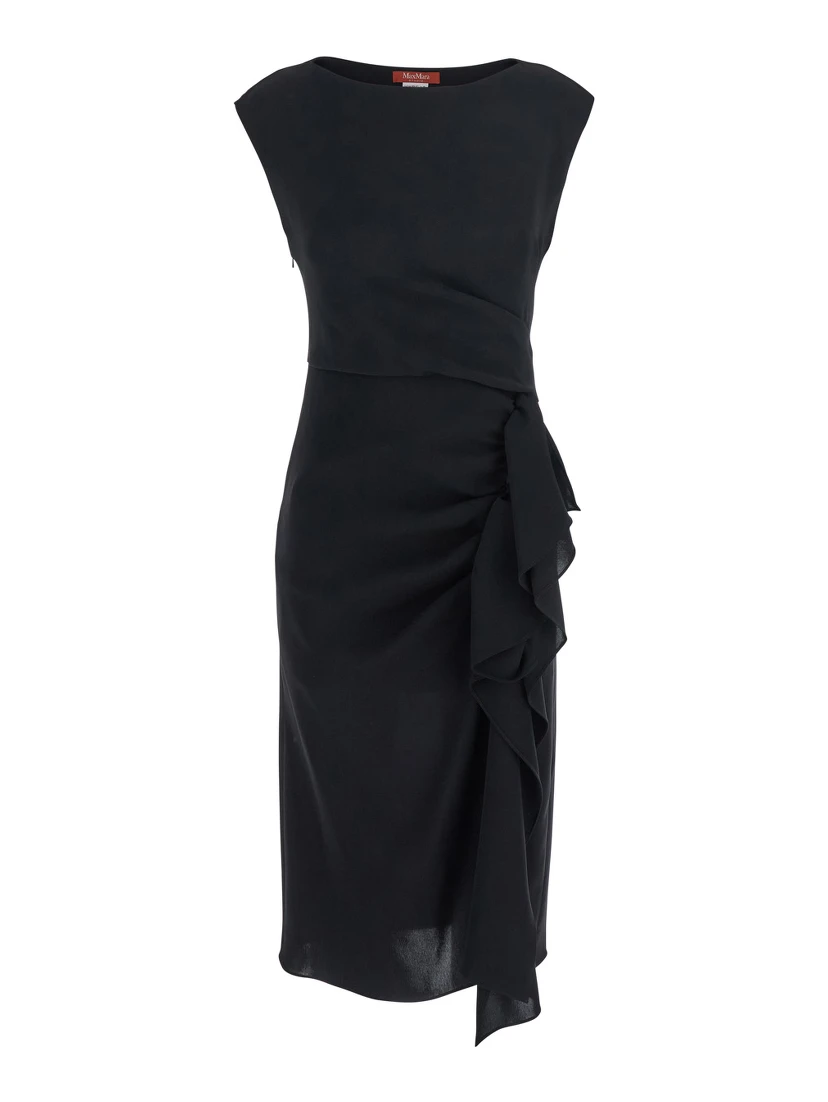 Aia Black Dress with Boat Neckline and Draped Detail on the Side in Tech Fabric Woman