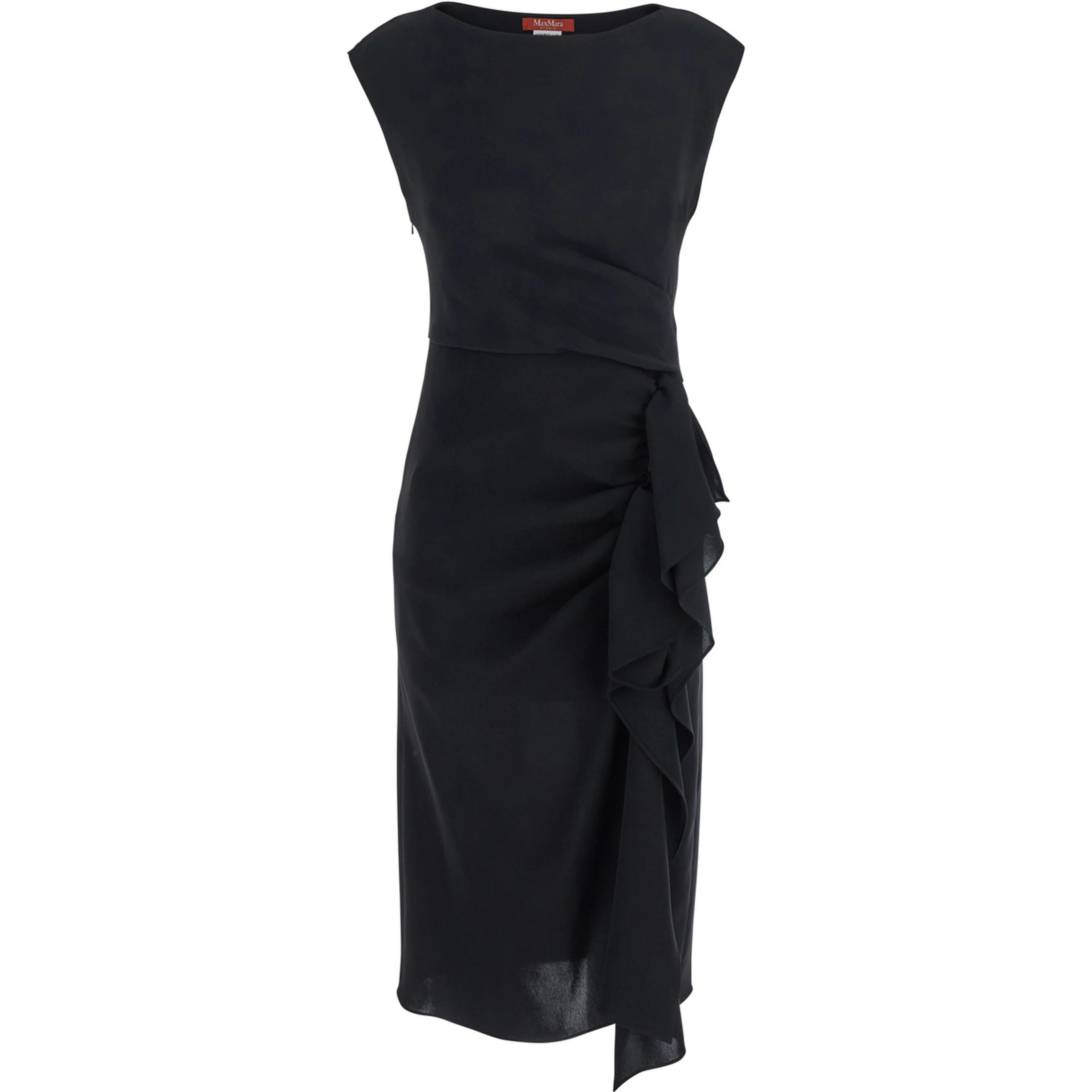 Aia Black Dress with Boat Neckline and Draped Detail on the Side in Tech Fabric Woman