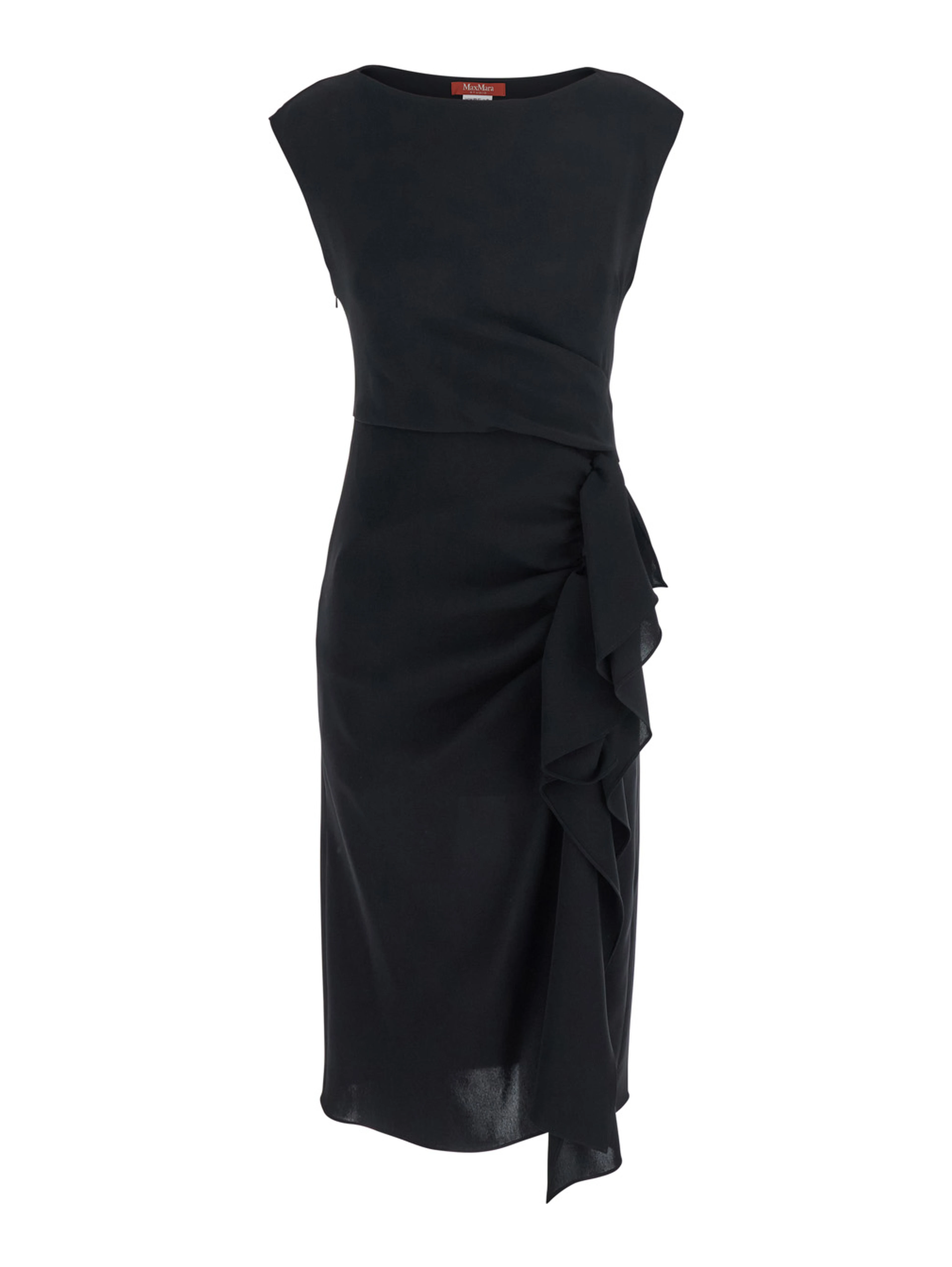 Aia Black Dress with Boat Neckline and Draped Detail on the Side in Tech Fabric Woman