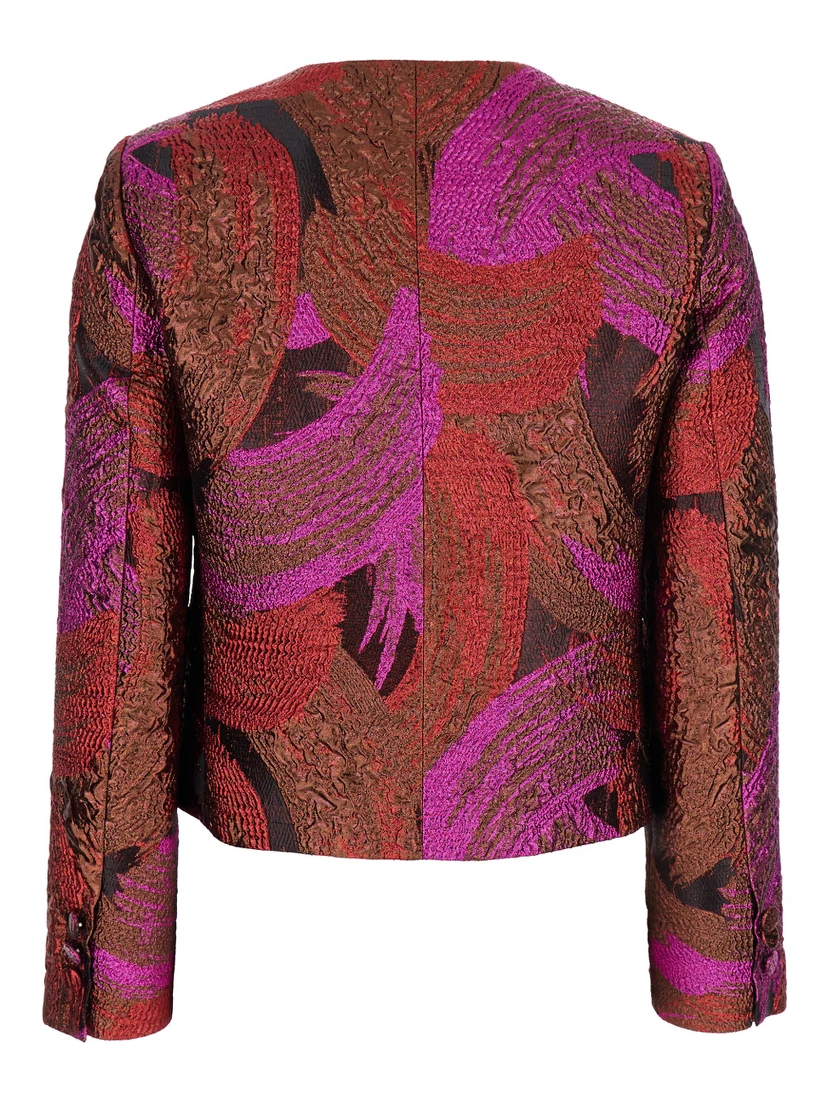 Fuchsia Collarless Jacket with All-Over Broccato Motif in Tech Fabric Woman