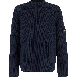 Blue Sweater with Ribbed Design and Logo Patch on Sleeve in Virgin Wool Blend Man