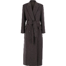Brown Double-Breasted Coat with Peak Revers and Front Belt in Wool and Cashmere Woman