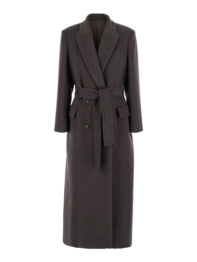 Brown Double-Breasted Coat with Peak Revers and Front Belt in Wool and Cashmere Woman