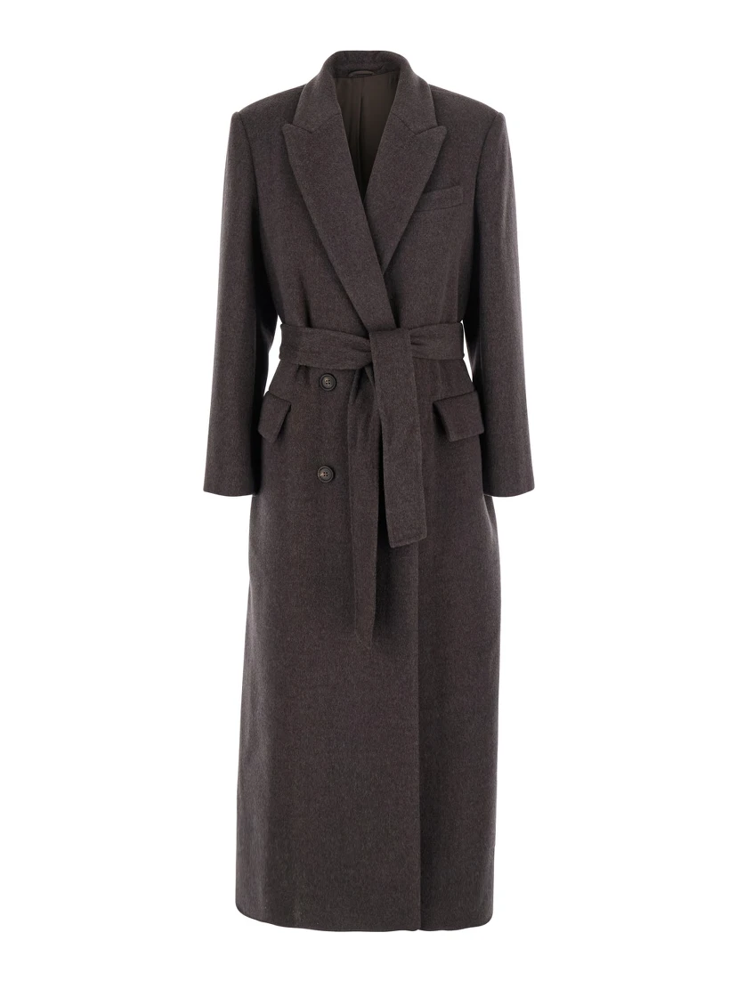 Brown Double-Breasted Coat with Peak Revers and Front Belt in Wool and Cashmere Woman