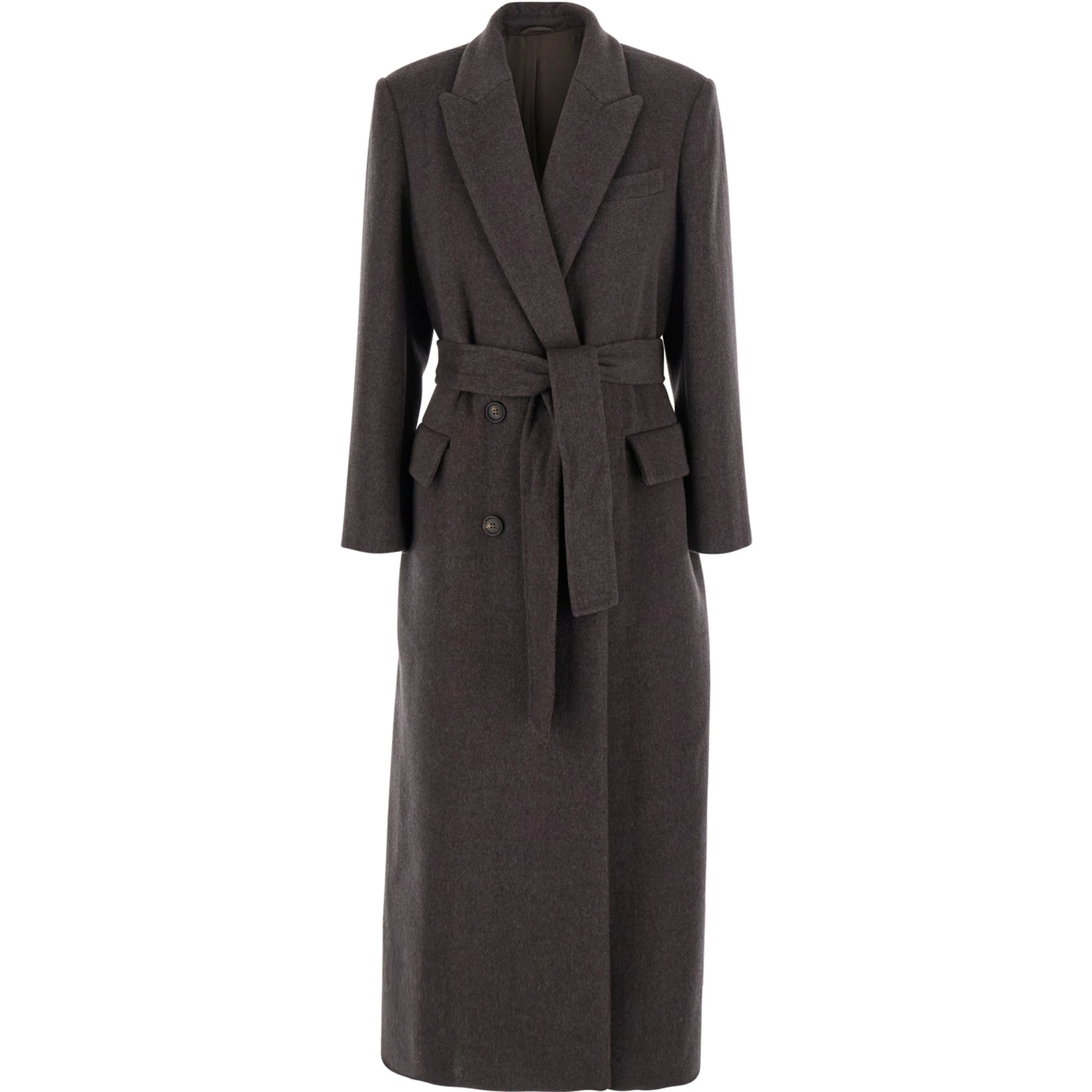 Brown Double-Breasted Coat with Peak Revers and Front Belt in Wool and Cashmere Woman