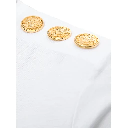 White Crewneck T-Shirt with Logo Print and Golden Buttons in Jersey Woman