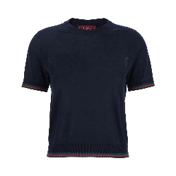 Blue T-Shirt with Web Detail on the Edges in Cashmere and Silk Blend Woman