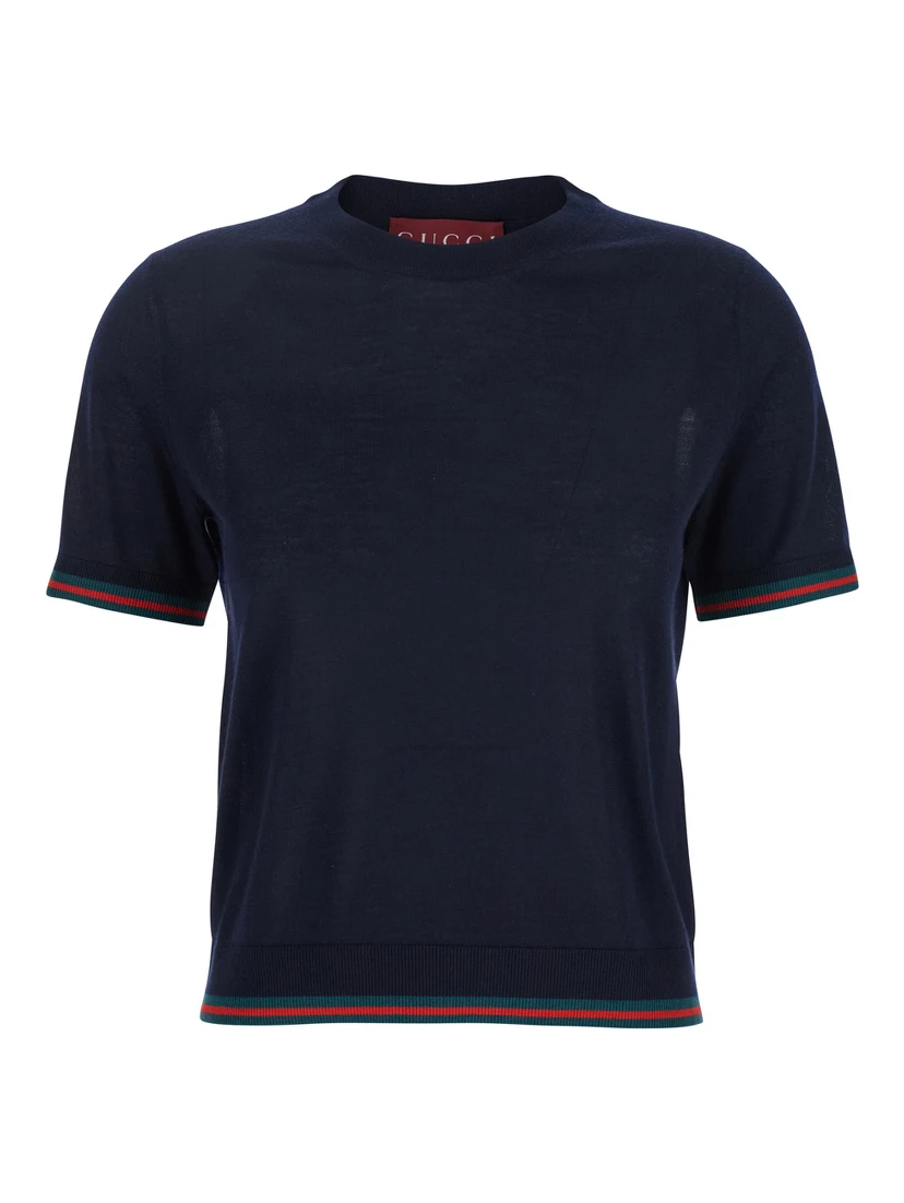 Blue T-Shirt with Web Detail on the Edges in Cashmere and Silk Blend Woman