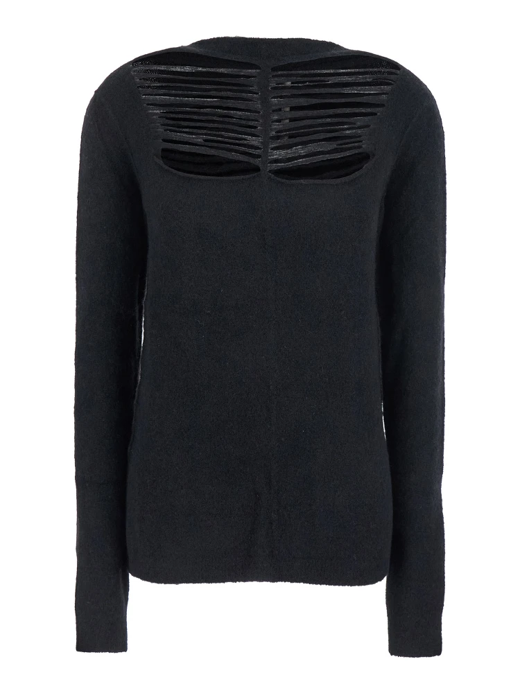Black Sweater with Distressed Effect and Cut-Out Details on the Front in Alpaca Blend Woman