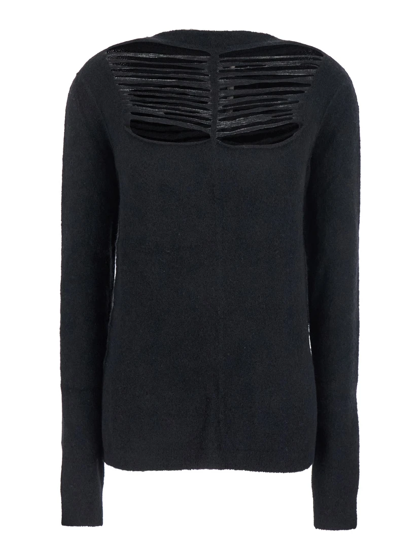 Black Sweater with Distressed Effect and Cut-Out Details on the Front in Alpaca Blend Woman