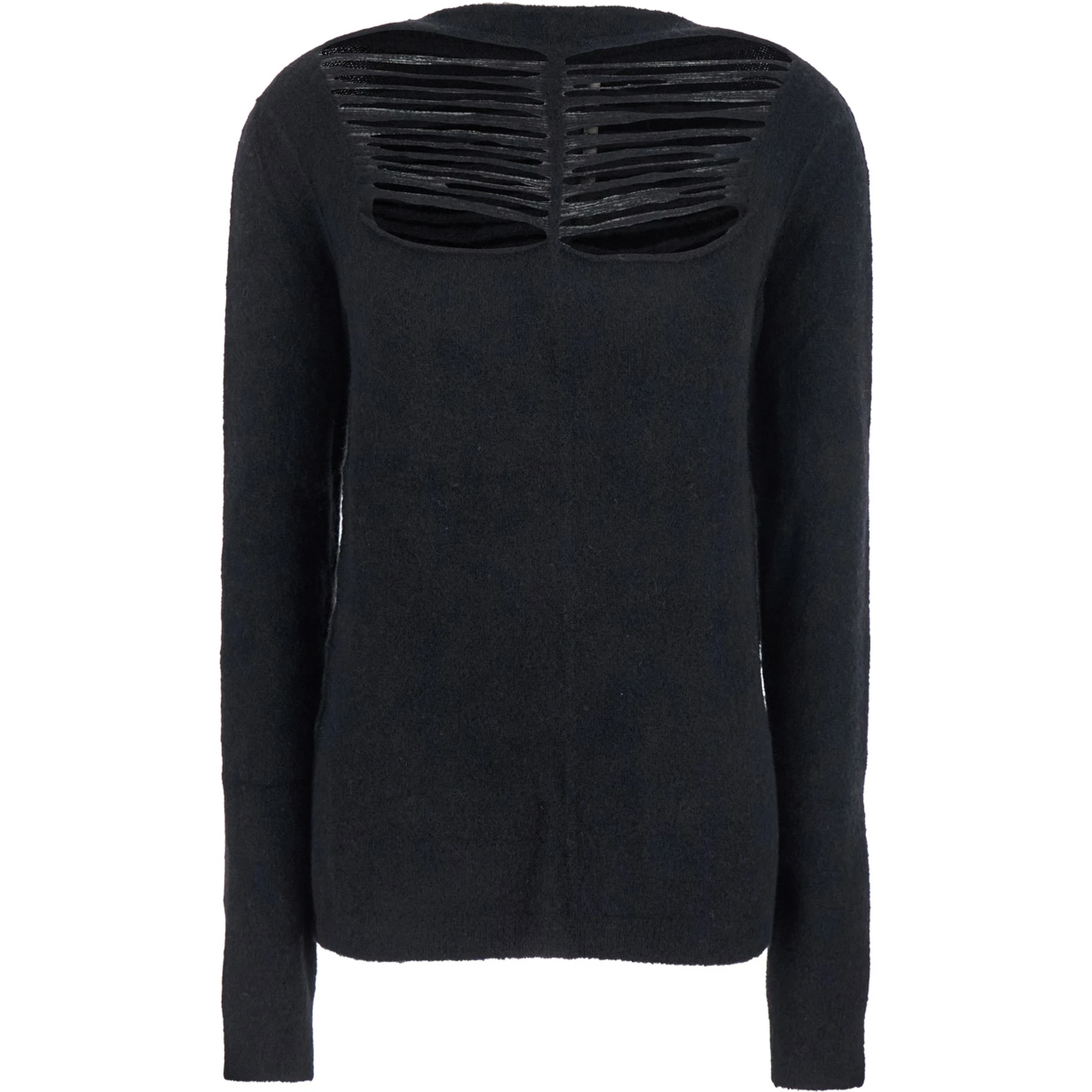 Black Sweater with Distressed Effect and Cut-Out Details on the Front in Alpaca Blend Woman